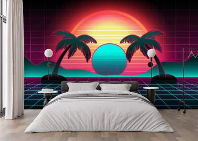 80s retro sunset with palm trees and neon grid background Wall mural