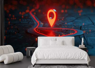 A glowing red marker stands out on the digital map, marking your destination Wall mural