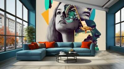 Abstract contemporary art black and white portrait of woman. Various colored objects on the face. Modern design of colorful and conceptual bright art collage. AI Generated Wall mural