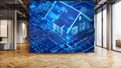 Blue print of smart home with solar panels, rooftop system for renewable energy concepts as wide banner with copy space area Wall mural