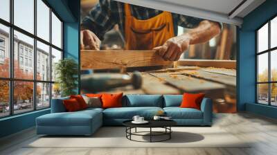 Carpenter working on woodworking machines in carpentry shop. woman works in a carpentry shop. Wall mural