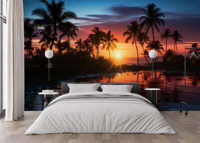 Cartoon flat panoramic landscape, sunset with the palms on colourful background.  illustration. Wall mural