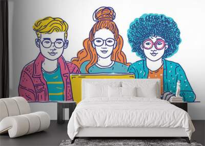 cartoon style illustrations of three colorful people on a laptop, in the style of youthful protagonists, line drawing style Wall mural