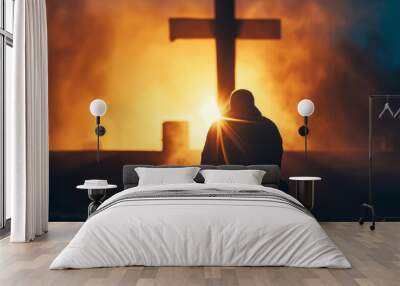 Christian man praying in front of the cross Wall mural