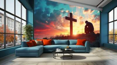 Christian man praying in front of the cross Wall mural