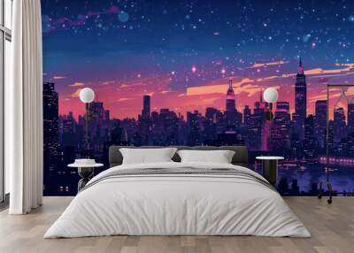 City skyline at night with a starry sky in comic book style Wall mural