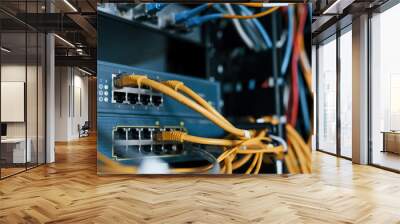 Close up view of internet equipment and cables in the server room Wall mural