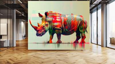 Colorful digital art of a glitched rhino in vibrant hues Wall mural