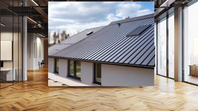 Corrugated metal roof installed in a modern house, view from outdoors Wall mural