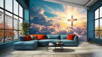 Cross in the clouds and rays of sun, power of faith concept Wall mural