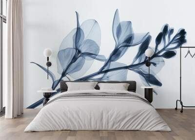 Elegant blue and white X-ray image of delicate flowers Wall mural