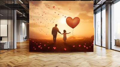 Father with his daughter is with balloon in heart shape. Beautiful illustration picture. Generative AI Wall mural