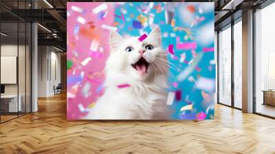 Funny portrait of a happy smiling cat on a festive background with confetti. Wall mural