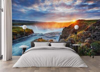 Godafoss waterfall at sunset. Fantastic landscape. Beautiful cumulus clouds. Iceland Europe Wall mural