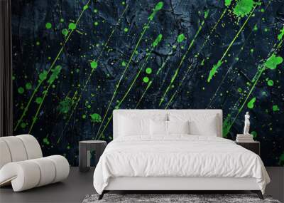 Green splatter on textured black background, abstract art Wall mural