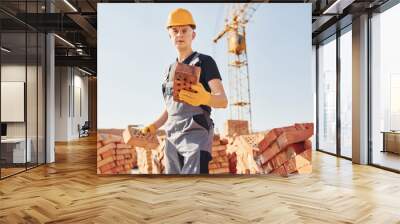 Holds brick in hand. Construction worker in uniform and safety equipment have job on building Wall mural