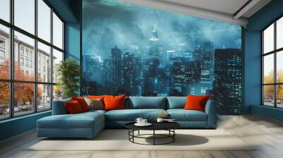 Misty city skyline with illuminated high-rise buildings at night Wall mural