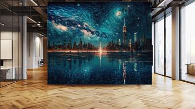 Modern city with skyscrapers at night with starry sky with milky way. View from the ocean. Post-impressionism style picture. Generative AI Wall mural