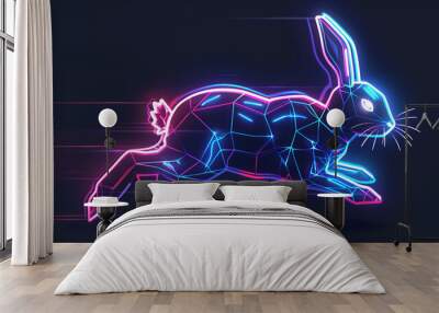 Neon glowing futuristic running rabbit with geometric lines Wall mural