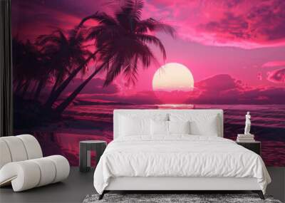 Neon sunset over tropical beach with palm trees and pink sky Wall mural