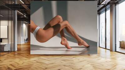 On the legs and hands. Close up view. Young caucasian woman with slim body shape is indoors in the studio Wall mural