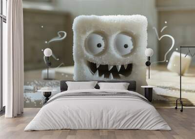 Playful sugar cube monster on a wooden kitchen counter Wall mural