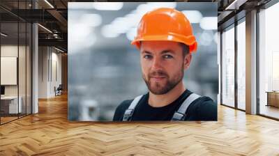 Portrait of male industrial worker indoors in factory. Young technician with orange hard hat Wall mural