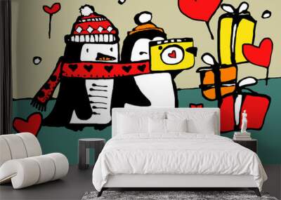 Rastr artwork of cartoon of penguin couple with gifts and presents together indoors celebrating valentines day Wall mural