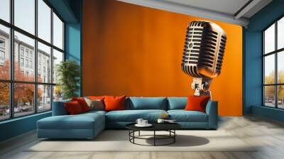 Retro style microphone against orange background Wall mural