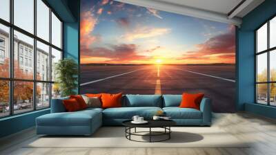 Runway, airstrip in the airport terminal with marking on blue sky with clouds background. Travel aviation concept. Wall mural