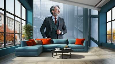 Senior businessman in suit and tie with gray hair and beard standing indoors Wall mural