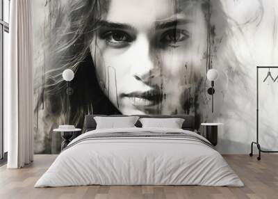 Smudged ink effect, black and white portrait of a girl, light depressing image Wall mural