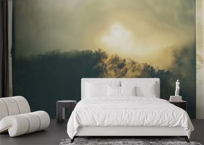 Sunset casting golden lights over a misty forest landscape Wall mural