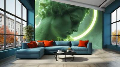 Surreal digital art with one neon green circle around the head of ancient statue a man Wall mural