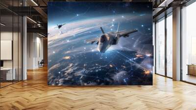 Three fighter jets soaring above Earth with digital network Wall mural