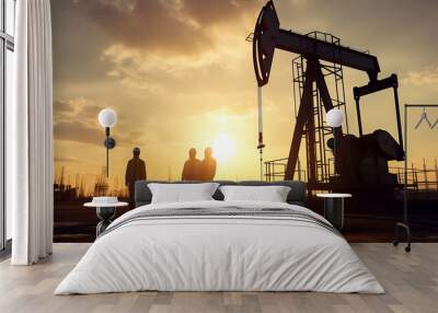 two silhouette engineers workers work as a team next to an oil pump. business oil production production concept Wall mural