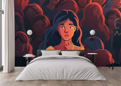 Unhappy young woman feeling lonely in a crowd of people Wall mural