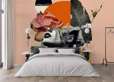 Various colored objects on the face black and white portrait and clippings from vintage magazines on background. AI Generated Modern design of colorful and conceptual bright art collage Wall mural