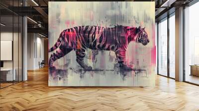 Vibrant tiger in a glitch art cityscape with vivid colors Wall mural