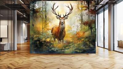 Watercolor deer in the forest. Beautiful illustration picture. Generative AI Wall mural