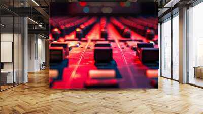 Wide-angle shot of a mixing console for a recording studio. Red cinematic studio light. Wall mural