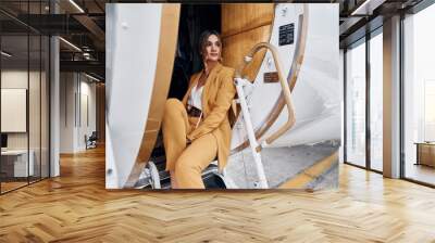 Woman in yellow clothes sits inside of private airplane Wall mural