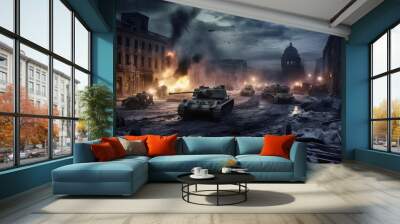 World war two, streets on fire. Beautiful illustration picture. Generative AI Wall mural