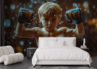 A young boy wearing boxing gloves in the rain Wall mural