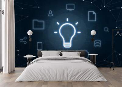 Business idea concept icon. Bulb surrounded with internet of things icons. Netwoark in background symbolizes networking and the modern technology use in business. Wall mural