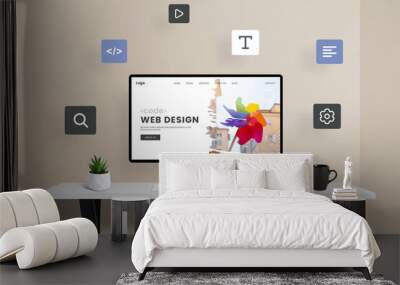 Computer display featuring web page modules flying around a web design studio page, illustrating the dynamic process of website creation Wall mural