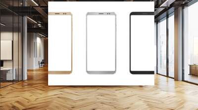 Gold, silver and black smart phone with round edges on isolated white background. Wall mural