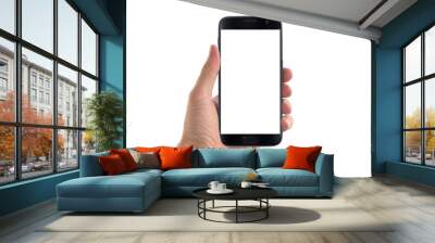 modern black smart phone in man hand in horizontal position. white screen for mockup, isolated. Wall mural