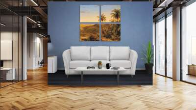 Palm trees, sea on wall art canvas in four parts. Sofa, lamp, plant and table in room interior. Wall mural