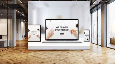 Responsive agency web page on laptop, tablet and phone display concept. Modern, flat web page design. Modern devices with thin edges. Office, studio desk Wall mural